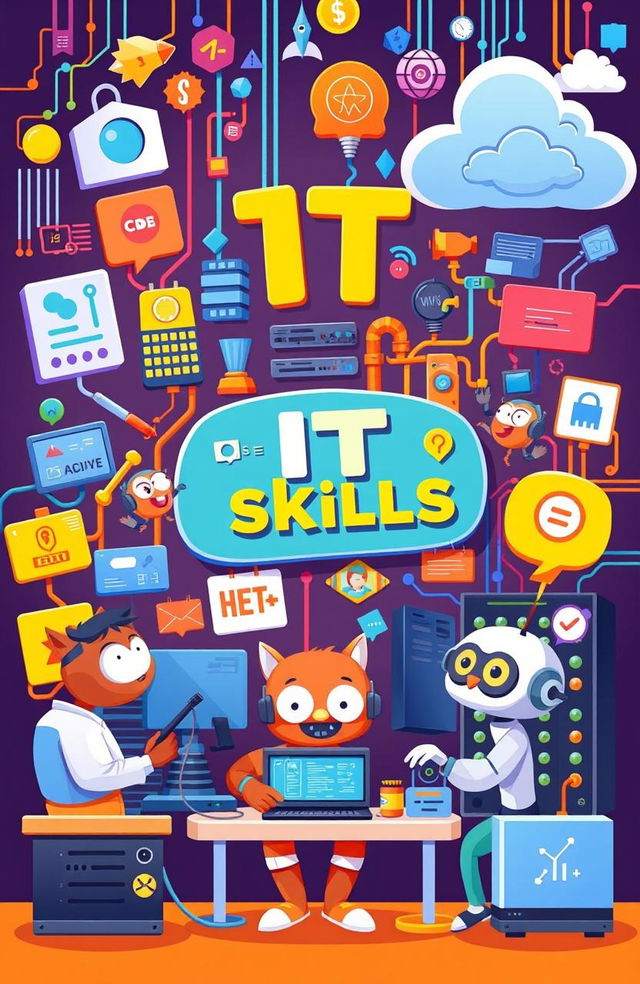 A colorful and vibrant digital illustration depicting various IT skills in a fun and engaging way