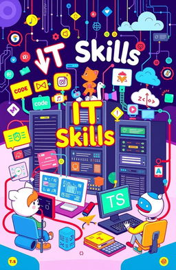 A colorful and vibrant digital illustration depicting various IT skills in a fun and engaging way