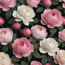 A visually arresting 3D wallpaper with a dark backdrop, filled to the brim with vibrant, extra-large roses, posies, an abundance of magnolias, and uncommonly large peonies