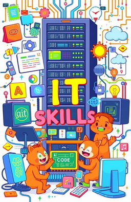 A colorful and vibrant digital illustration depicting various IT skills in a fun and engaging way