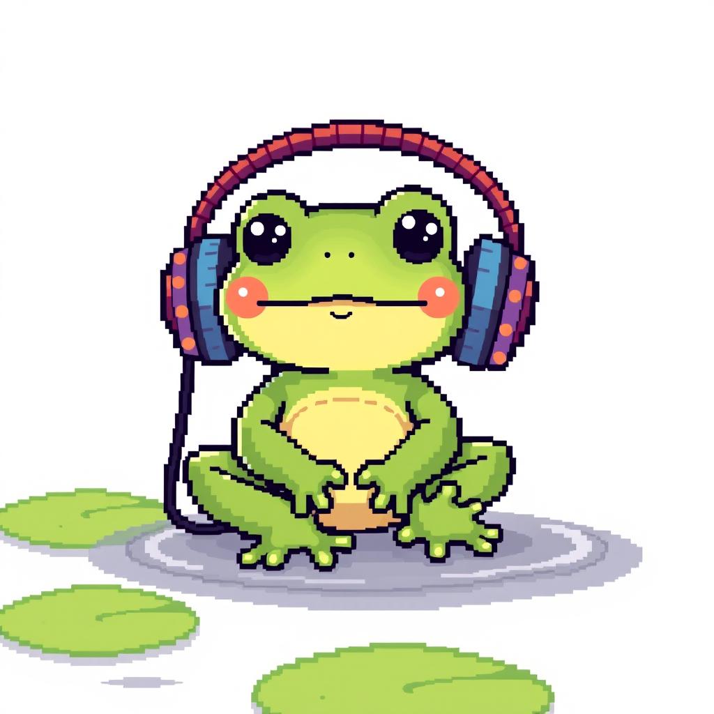 A charming pixel art illustration of a small frog sitting comfortably in oversized headphones