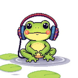 A charming pixel art illustration of a small frog sitting comfortably in oversized headphones