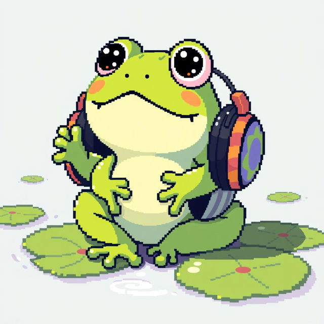 A charming pixel art illustration of a small frog sitting comfortably in oversized headphones