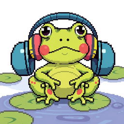 A charming pixel art illustration of a small frog sitting comfortably in oversized headphones