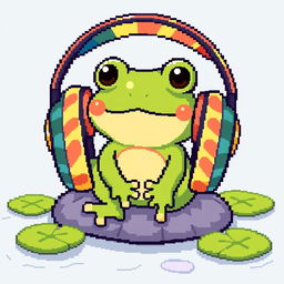 A charming pixel art illustration of a small frog sitting comfortably in oversized headphones
