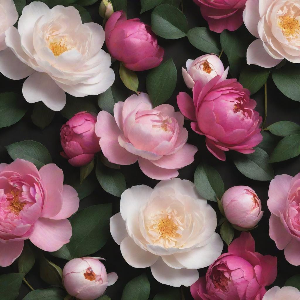 An immersive 3D wallpaper on a dark backdrop, teeming with enlarged, vibrant images of roses, posies, extraordinary magnolias, and incredibly large peonies