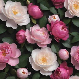 An immersive 3D wallpaper on a dark backdrop, teeming with enlarged, vibrant images of roses, posies, extraordinary magnolias, and incredibly large peonies