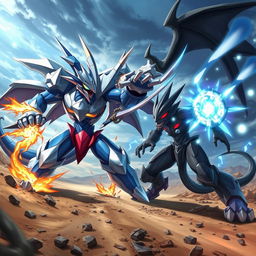 A dynamic battle scene featuring Wargraymon and Black Wargraymon clashing in an epic showdown