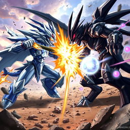 A dynamic battle scene featuring Wargraymon and Black Wargraymon clashing in an epic showdown