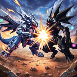 A dynamic battle scene featuring Wargraymon and Black Wargraymon clashing in an epic showdown