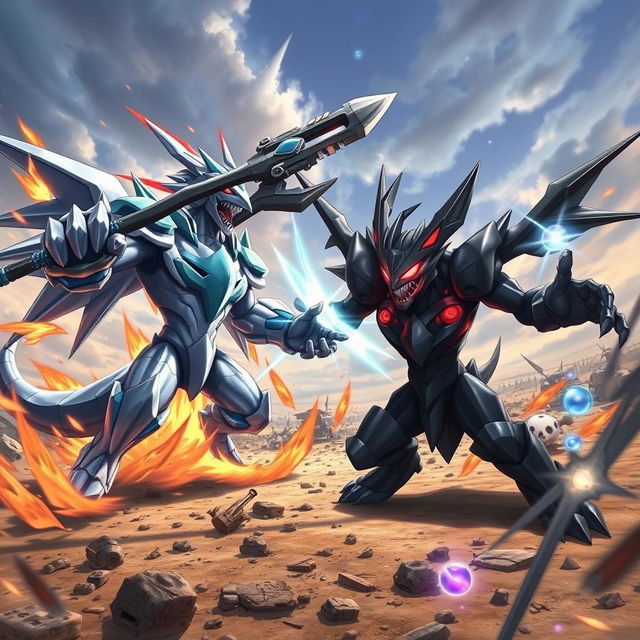 A dynamic battle scene featuring Wargraymon and Black Wargraymon clashing in an epic showdown