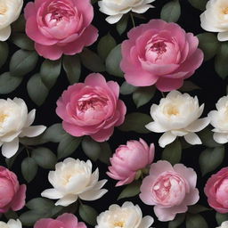 An immersive 3D wallpaper on a dark backdrop, teeming with enlarged, vibrant images of roses, posies, extraordinary magnolias, and incredibly large peonies