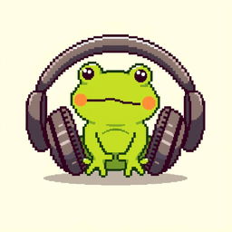 A simple pixel art illustration of an ordinary small frog sitting in a pair of oversized headphones