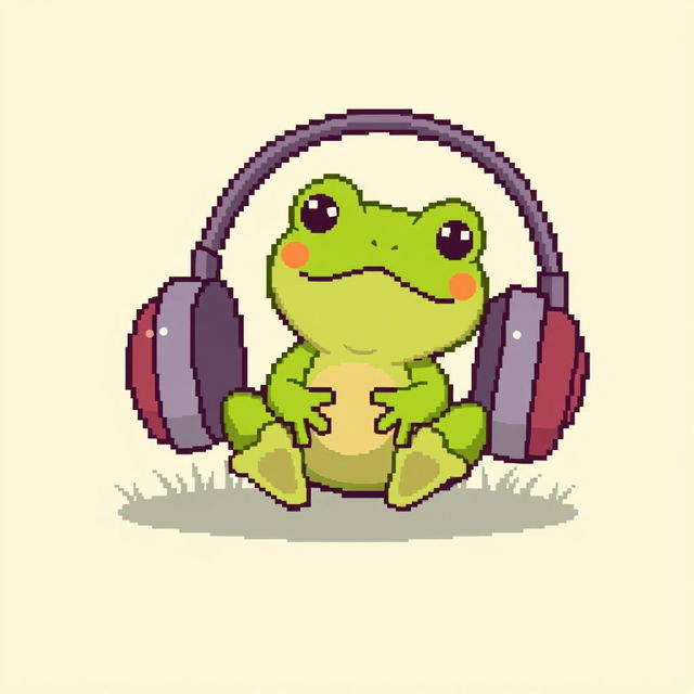 A simple pixel art illustration of an ordinary small frog sitting in a pair of oversized headphones