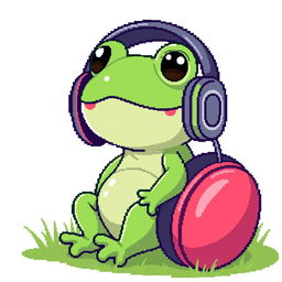 A simple pixel art illustration of an ordinary small frog sitting in a pair of oversized headphones