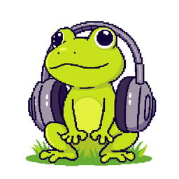 A simple pixel art illustration of an ordinary small frog sitting in a pair of oversized headphones