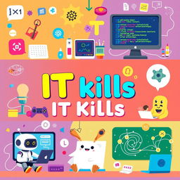 A vibrant and playful digital artwork showcasing various IT skills presented in a fun and engaging manner