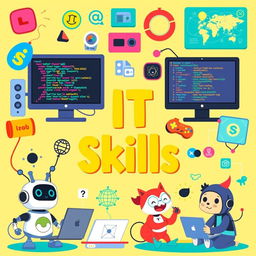 A vibrant and playful digital artwork showcasing various IT skills presented in a fun and engaging manner