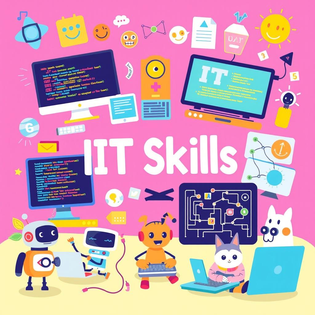 A vibrant and playful digital artwork showcasing various IT skills presented in a fun and engaging manner