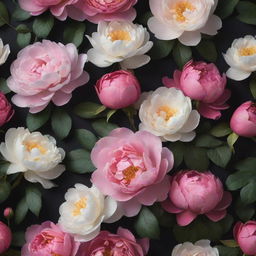 An immersive 3D wallpaper on a dark backdrop, teeming with enlarged, vibrant images of roses, posies, extraordinary magnolias, and incredibly large peonies