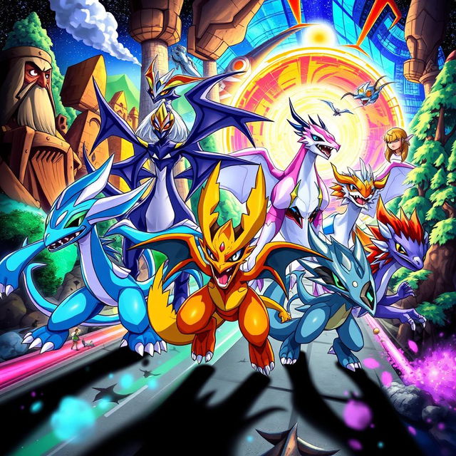 A vibrant and dynamic scene depicting a group of diverse Digimon traveling through time