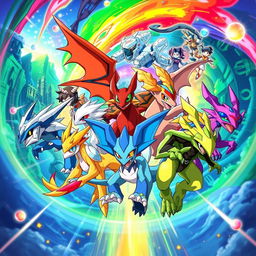 A vibrant and dynamic scene depicting a group of diverse Digimon traveling through time