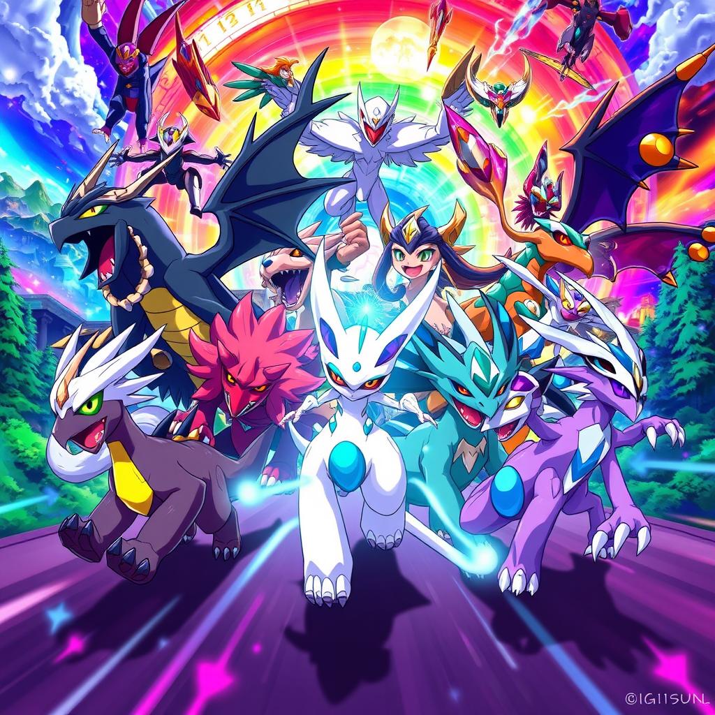 A vibrant and dynamic scene depicting a group of diverse Digimon traveling through time
