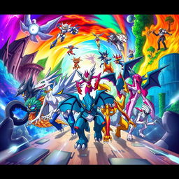 A vibrant and dynamic scene depicting a group of diverse Digimon traveling through time