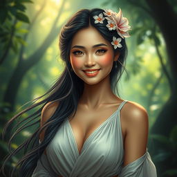 A mesmerizing portrait of Wewe Gombel, the enchanting Indonesian folklore character, known for her beauty and large chest