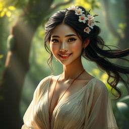 A mesmerizing portrait of Wewe Gombel, the enchanting Indonesian folklore character, known for her beauty and large chest