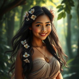 A mesmerizing portrait of Wewe Gombel, the enchanting Indonesian folklore character, known for her beauty and large chest