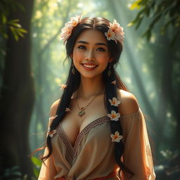 A mesmerizing portrait of Wewe Gombel, the enchanting Indonesian folklore character, known for her beauty and large chest