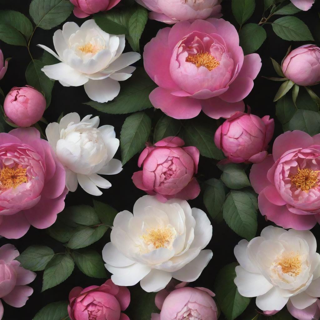 An immersive 3D wallpaper on a dark backdrop, teeming with enlarged, vibrant images of roses, posies, extraordinary magnolias, and incredibly large peonies