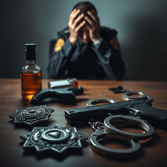 A close-up view of a police badge, a liquor bottle, a service weapon, and handcuffs laid out on a table