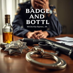 A close-up view of a police badge, a liquor bottle, a service weapon, and handcuffs laid out on a table