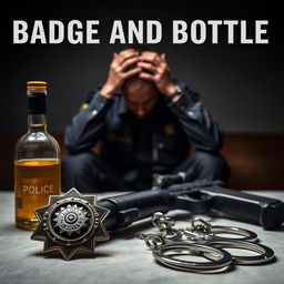 A close-up view of a police badge, a liquor bottle, a service weapon, and handcuffs laid out on a table