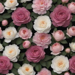 A breathtaking 3D wallpaper on a dark backdrop exploding with an enriched assortment of extra-large roses, posies, magnolias, enormous peonies, and an increased quantity of diverse lavish flowers, densely arranged with minimized greenery