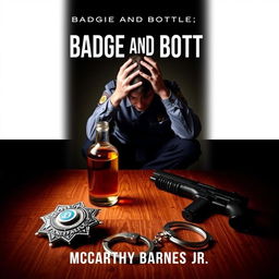 A visually striking book cover featuring a police badge, a liquor bottle, a service weapon, and handcuffs arranged on a table