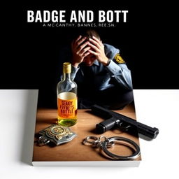 A visually striking book cover featuring a police badge, a liquor bottle, a service weapon, and handcuffs arranged on a table