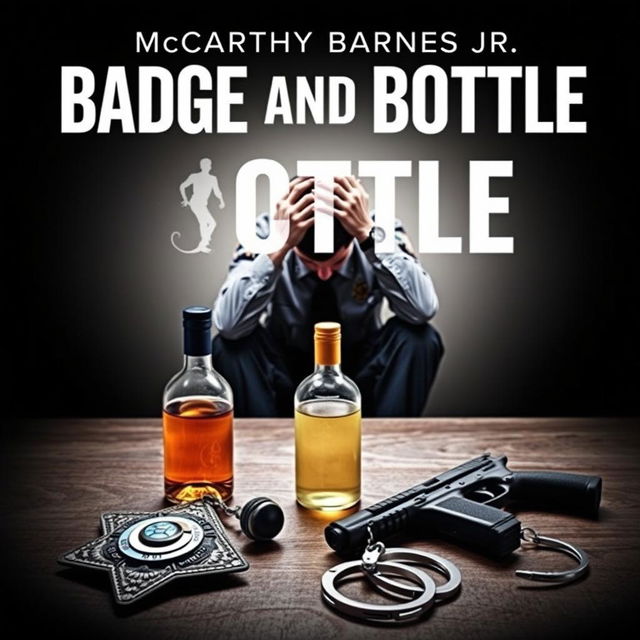 A visually striking book cover featuring a police badge, a liquor bottle, a service weapon, and handcuffs arranged on a table