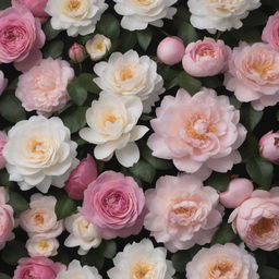 A breathtaking 3D wallpaper on a dark backdrop exploding with an enriched assortment of extra-large roses, posies, magnolias, enormous peonies, and an increased quantity of diverse lavish flowers, densely arranged with minimized greenery