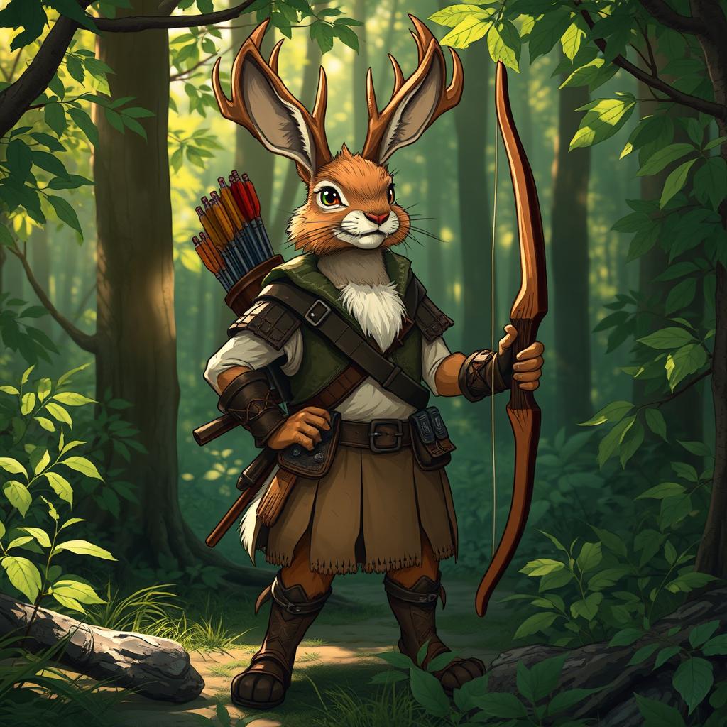 A whimsical Dungeons and Dragons scene featuring a jackalope ranger, a mythical creature with antlers and rabbit features dressed in rugged ranger attire