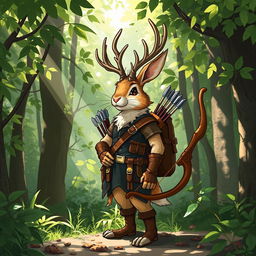 A whimsical Dungeons and Dragons scene featuring a jackalope ranger, a mythical creature with antlers and rabbit features dressed in rugged ranger attire