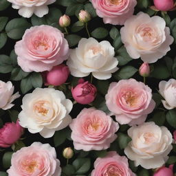 A breathtaking 3D wallpaper on a dark backdrop exploding with an enriched assortment of extra-large roses, posies, magnolias, enormous peonies, and an increased quantity of diverse lavish flowers, densely arranged with minimized greenery