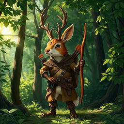 A whimsical Dungeons and Dragons scene featuring a jackalope ranger, a mythical creature with antlers and rabbit features dressed in rugged ranger attire