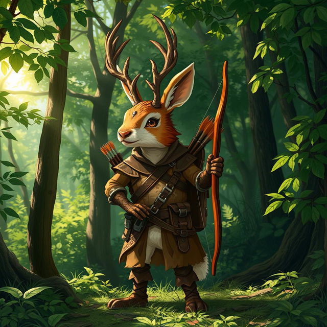 A whimsical Dungeons and Dragons scene featuring a jackalope ranger, a mythical creature with antlers and rabbit features dressed in rugged ranger attire