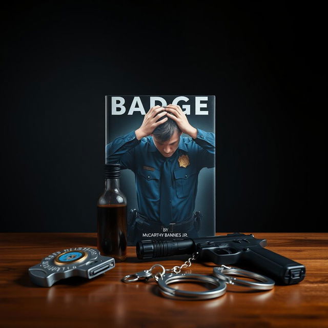 A compelling book cover featuring a police badge, a liquor bottle, a service weapon, and handcuffs arranged neatly on a table in the foreground