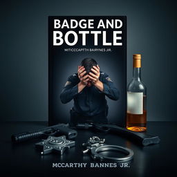 A compelling book cover featuring a police badge, a liquor bottle, a service weapon, and handcuffs arranged neatly on a table in the foreground