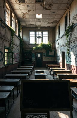 A hauntingly beautiful abandoned school, featuring crumbling walls with peeling paint, dusty wooden desks scattered throughout the classrooms, and sunlight streaming through broken windows