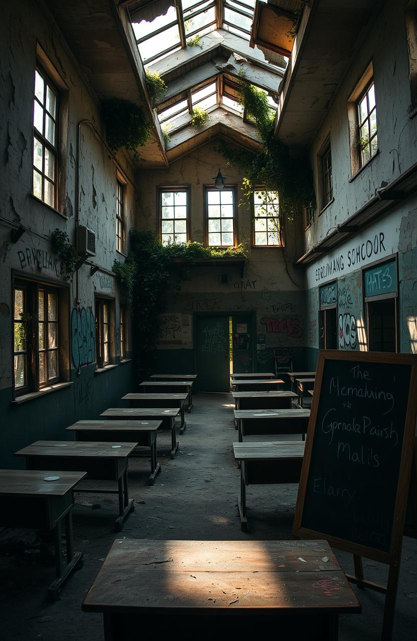 A hauntingly beautiful abandoned school, featuring crumbling walls with peeling paint, dusty wooden desks scattered throughout the classrooms, and sunlight streaming through broken windows